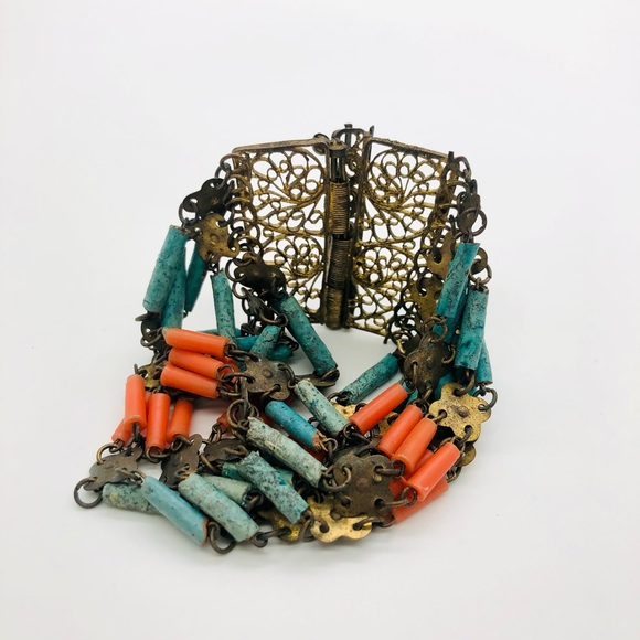 Rare Vintage Egyptian Revival Faience brass filigree bracelet - Picture 3 of 16